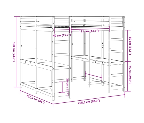 Cama alta con escritorio y escalera madera maciza 160x200 cm