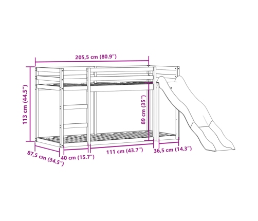 Litera con tobogán y escalera madera maciza de pino 80x200 cm