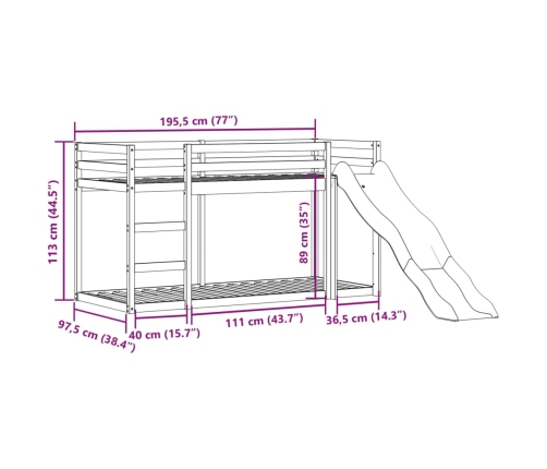 Litera con tobogán y escalera madera maciza marrón 90x190 cm