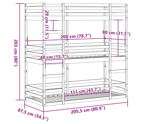 Litera triple de madera maciza de pino marrón cera 80x200 cm