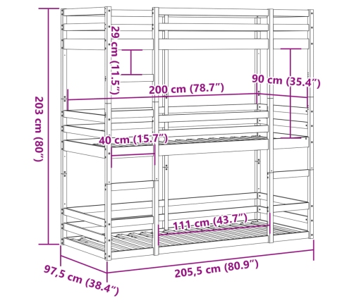 Litera triple de madera maciza de pino marrón cera 90x200 cm