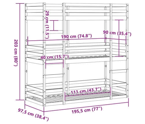Litera triple de madera maciza de pino 90x200 cm