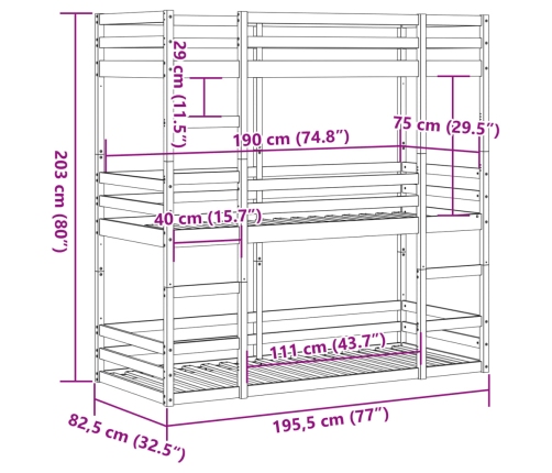 Litera triple de madera maciza de pino 75x190 cm