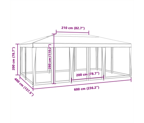 Carpa para fiestas con 10 paredes de malla HDPE rojo 6x4 m