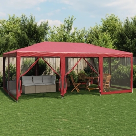 Carpa para fiestas con 10 paredes de malla HDPE rojo 6x4 m