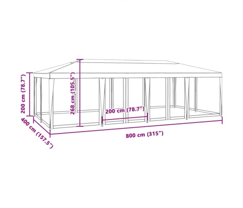 Carpa para fiestas con 12 paredes de malla HDPE blanco 8x4 m