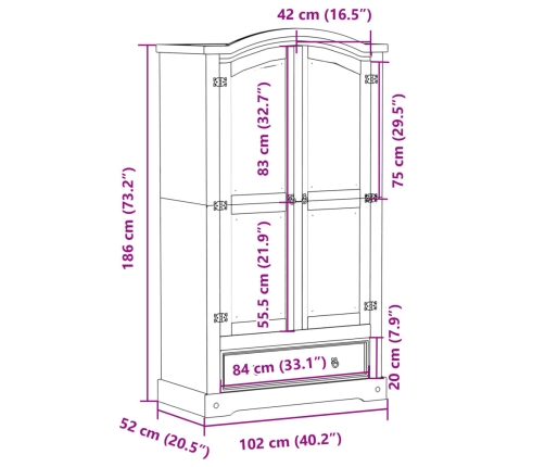 Armario Corona madera maciza de pino 102x52x186 cm