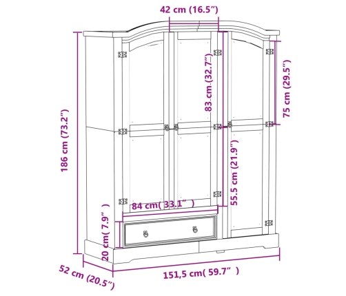 Armario Corona madera maciza de pino 151,5x52x186 cm