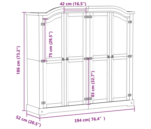 Armario Corona madera maciza de pino 194x52x186 cm