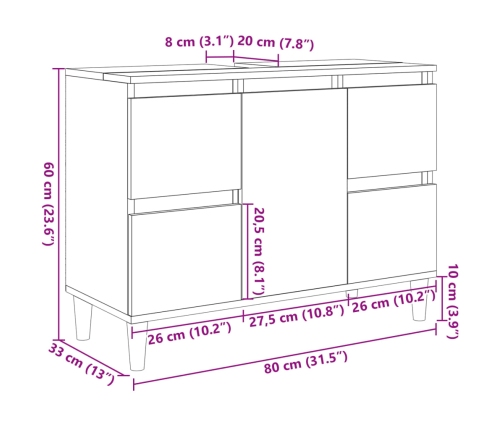 Armario de lavabo madera contrachapada roble Sonoma 80x33x60 cm