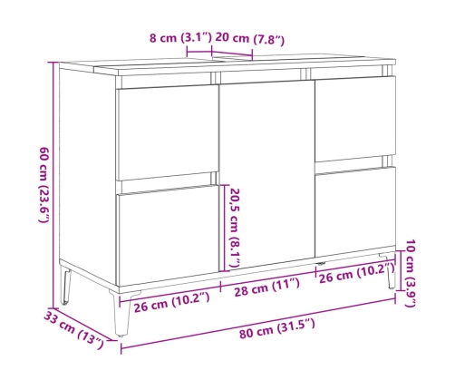 Armario de lavabo madera contrachapada roble Sonoma 80x33x60 cm