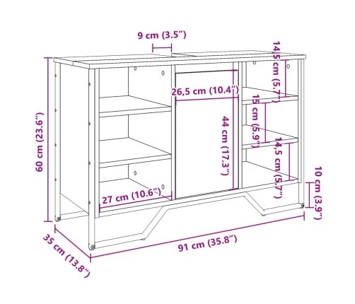 Armario lavabo baño madera ingeniería gris Sonoma 91x35x60 cm