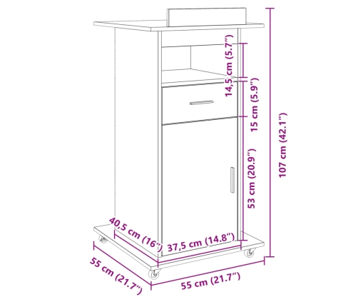 Atril con ruedas y cajón madera ingeniería negro 55x55x107 cm