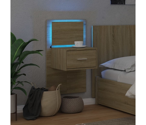 Mesita de noche de pared con luces LED roble Sonoma