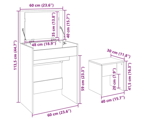 Tocador con taburete marrón roble 60x40x113,5 cm