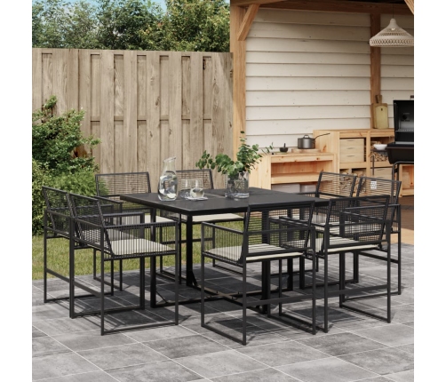 Set de comedor de jardín 9 pzas y cojines ratán sintético negro