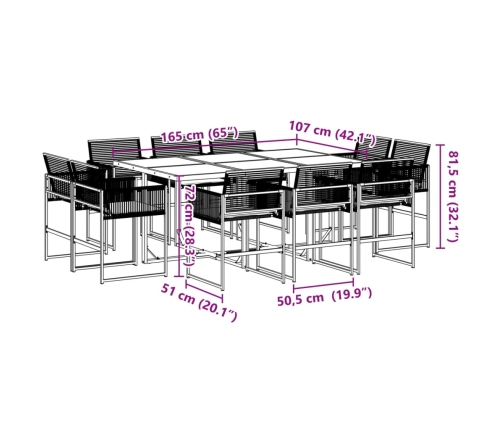 Set de comedor jardín 11 pzas con cojines ratán sintético negro