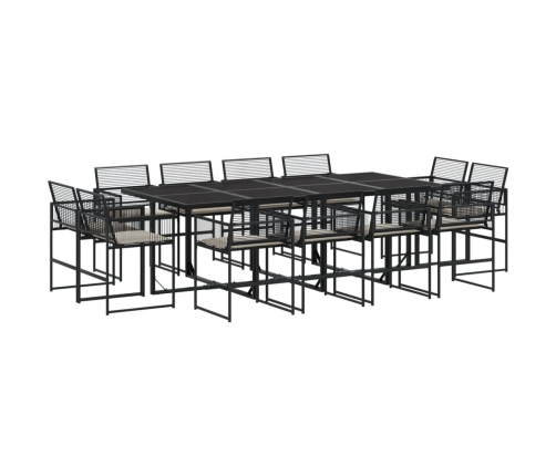 Set comedor de jardín con cojines 13 pzas ratán sintético negro