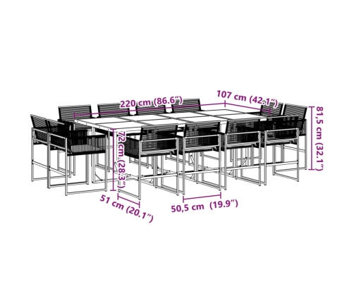 Set comedor de jardín con cojines 13 pzas ratán sintético negro