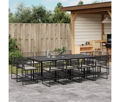 Set comedor de jardín con cojines 13 pzas ratán sintético negro