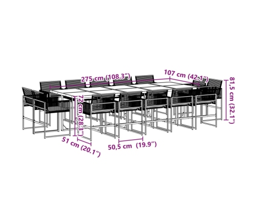 Set comedor de jardín con cojines 15 pzas ratán sintético negro