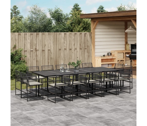 Set comedor de jardín con cojines 15 pzas ratán sintético negro
