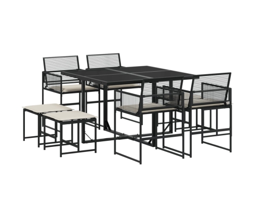 Set de comedor de jardín 9 pzas y cojines ratán sintético negro