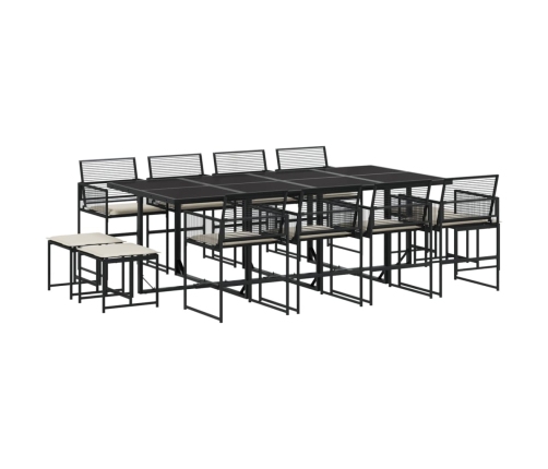 Set comedor de jardín con cojines 13 pzas ratán sintético negro