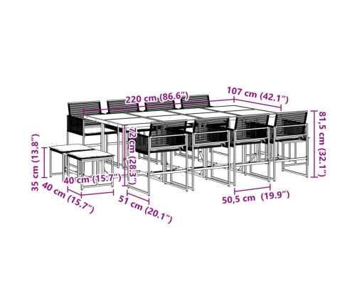 Set comedor de jardín con cojines 13 pzas ratán sintético negro