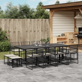 Set comedor de jardín con cojines 13 pzas ratán sintético negro
