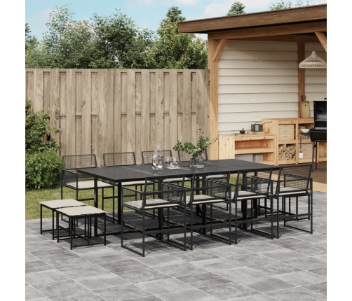 Set comedor de jardín con cojines 13 pzas ratán sintético negro