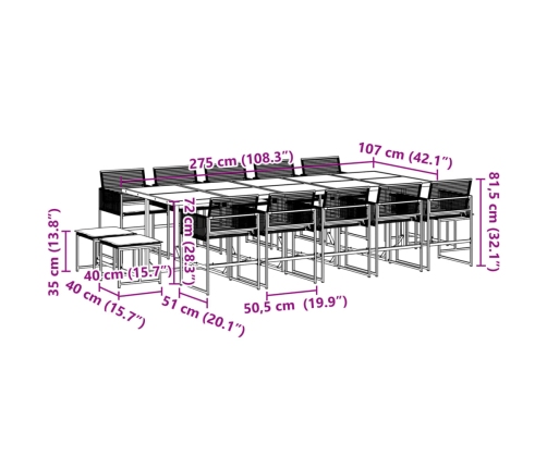 Set comedor de jardín con cojines 15 pzas ratán sintético negro
