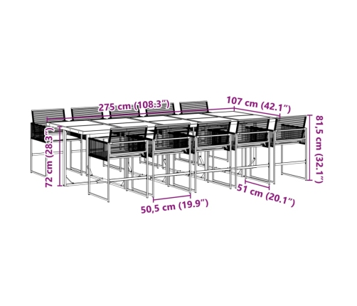 Set de comedor jardín 11 pzas con cojines ratán sintético negro