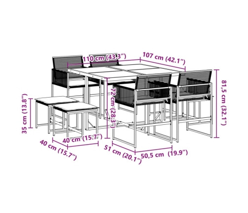 Set de comedor de jardín 9 pzas y cojines ratán sintético negro