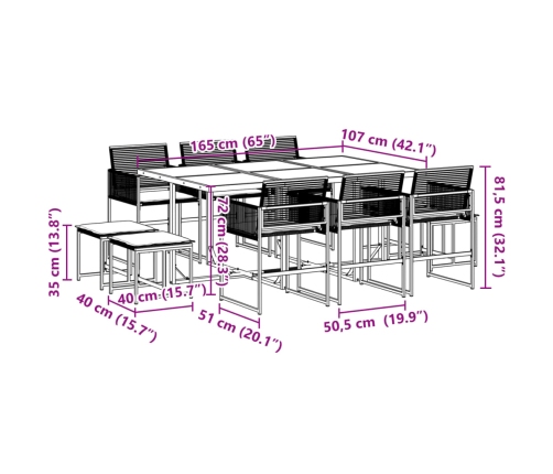 Set de comedor jardín 11 pzas con cojines ratán sintético negro