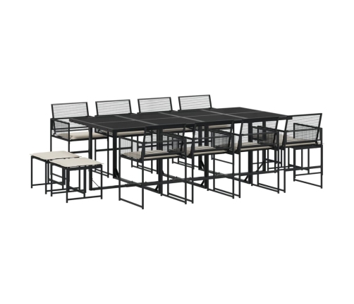Set comedor de jardín con cojines 13 pzas ratán sintético negro