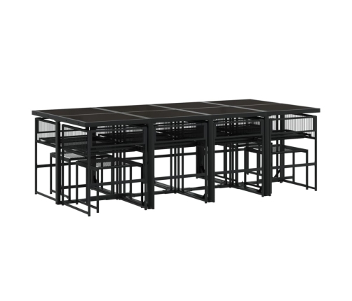 Set comedor de jardín con cojines 13 pzas ratán sintético negro