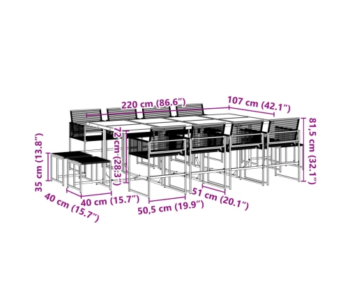 Set de comedor de jardín 13 pzas ratán sintético negro