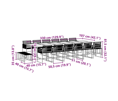 Set de comedor de jardín 17 pzas ratán sintético negro