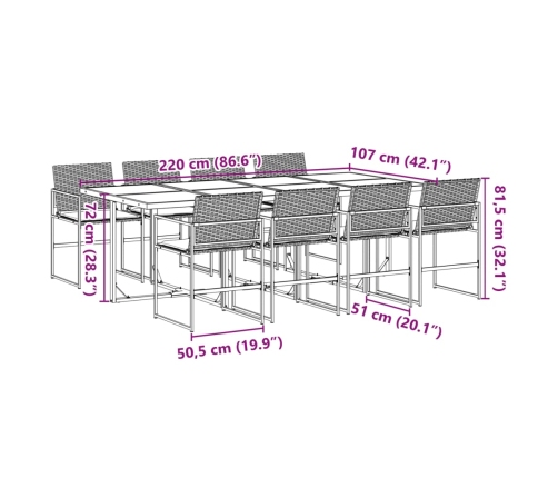 Set de comedor de jardín 9 pzas y cojines ratán sintético negro