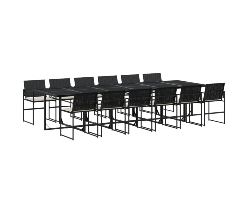 Set comedor de jardín con cojines 13 pzas ratán sintético negro