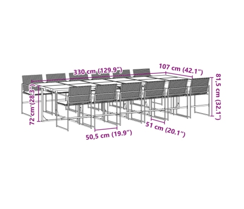Set comedor de jardín con cojines 13 pzas ratán sintético negro