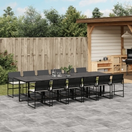 Set comedor de jardín con cojines 13 pzas ratán sintético negro
