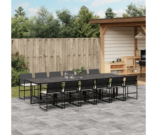 Set comedor de jardín con cojines 13 pzas ratán sintético negro