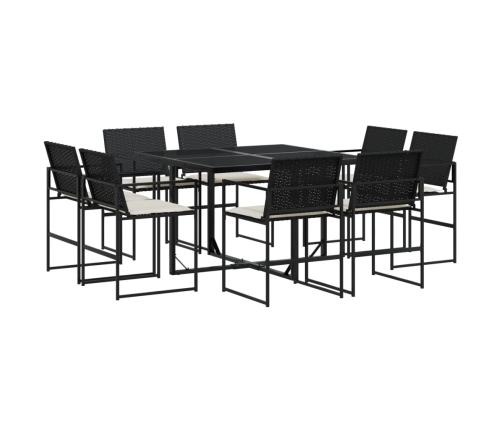 Set de comedor de jardín 9 pzas y cojines ratán sintético negro