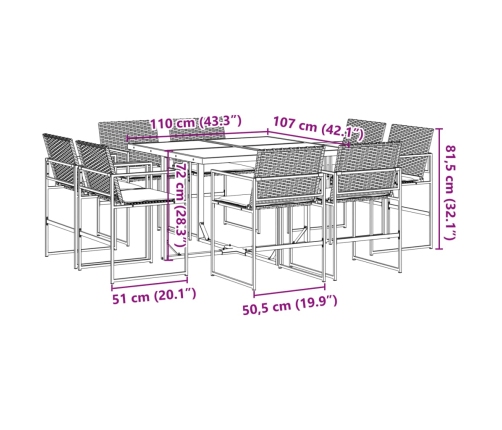 Set de comedor de jardín 9 pzas y cojines ratán sintético negro