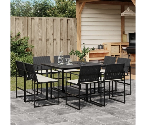 Set de comedor de jardín 9 pzas y cojines ratán sintético negro