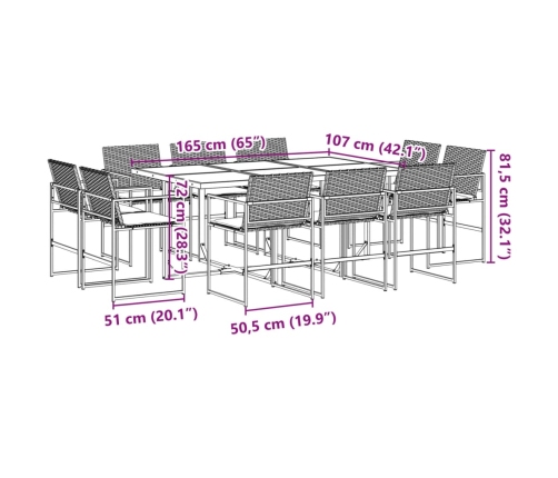 Set de comedor jardín 11 pzas con cojines ratán sintético negro