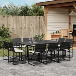 Set de comedor jardín 11 pzas con cojines ratán sintético negro