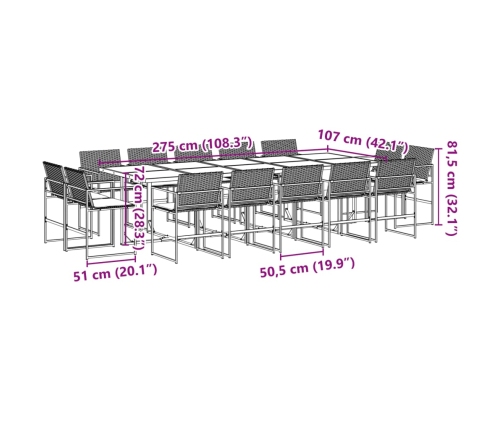 Set comedor de jardín con cojines 15 pzas ratán sintético negro